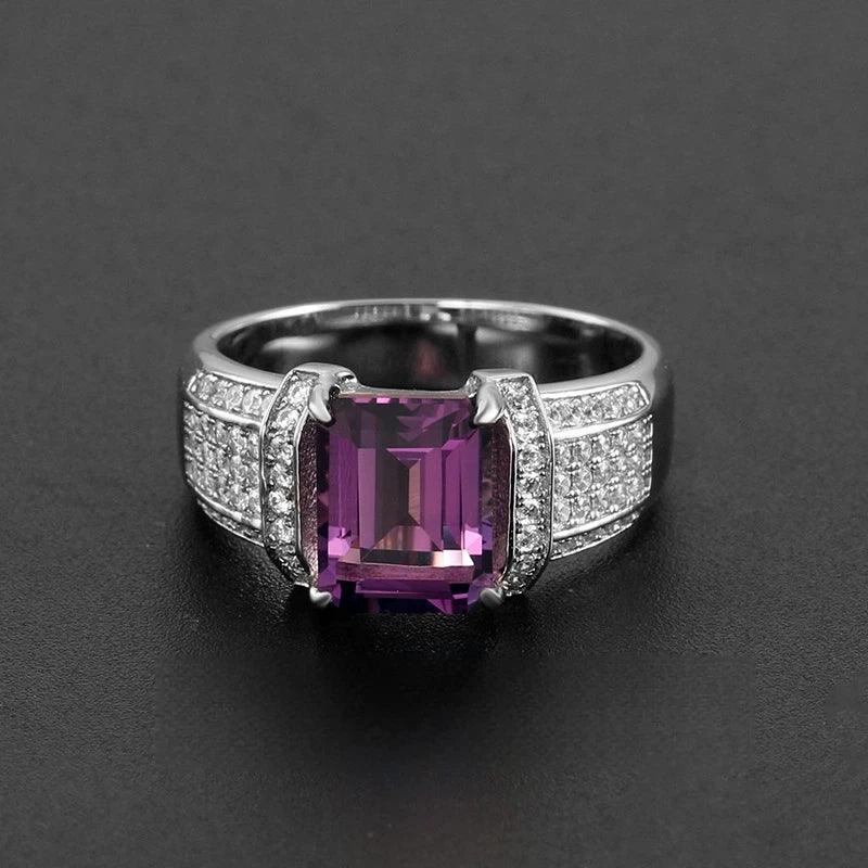 men's emerald-cut amethyst pavé ring side profile showing the band and setting