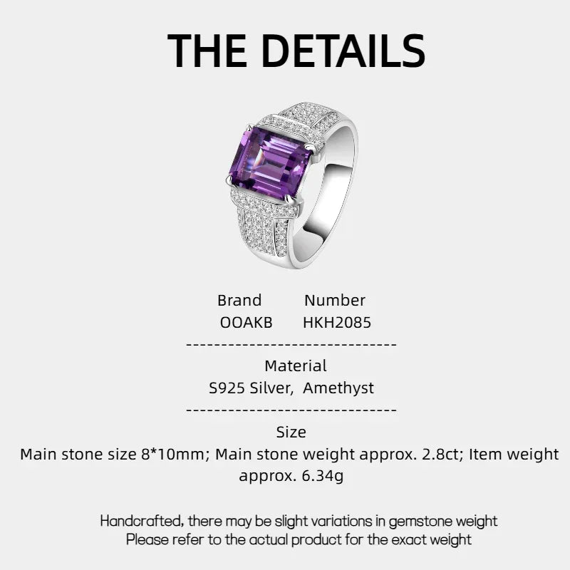 men's emerald-cut amethyst pavé ring specification card with product measurements