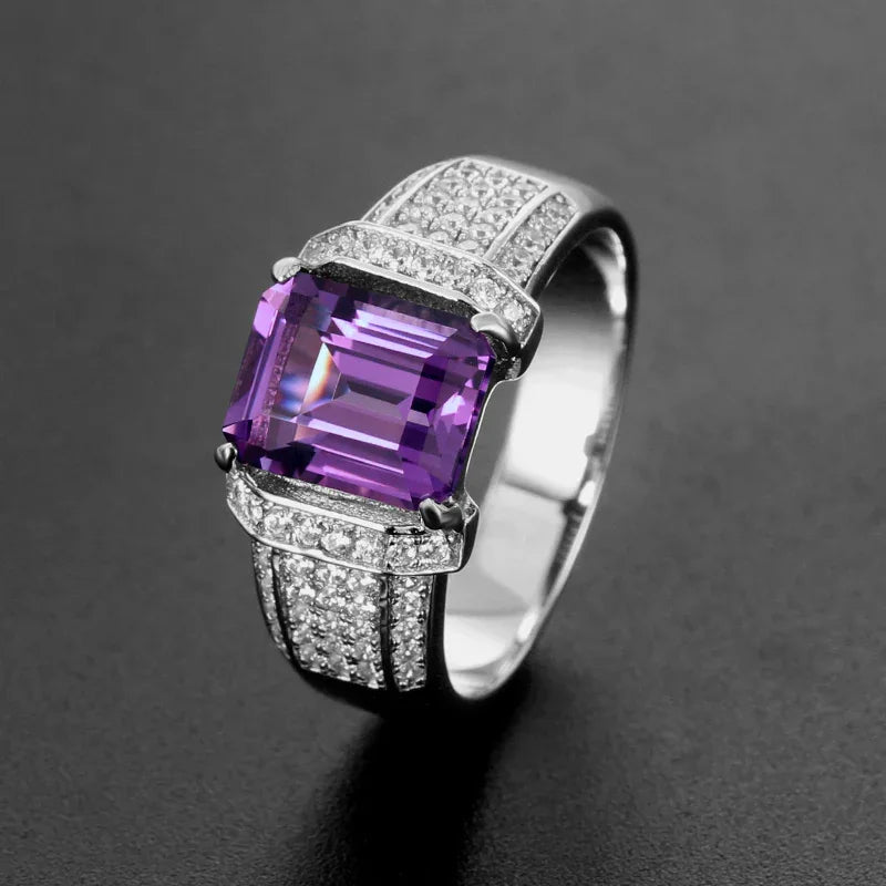 men's emerald-cut amethyst pavé ring three-quarter product view on a dark background