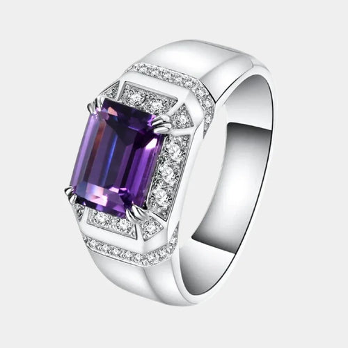men's emerald-cut amethyst halo ring front product view on a white background