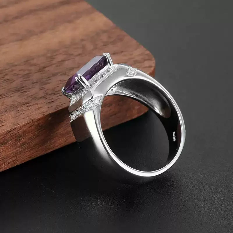 men's emerald-cut amethyst halo ring side profile showing the band and setting