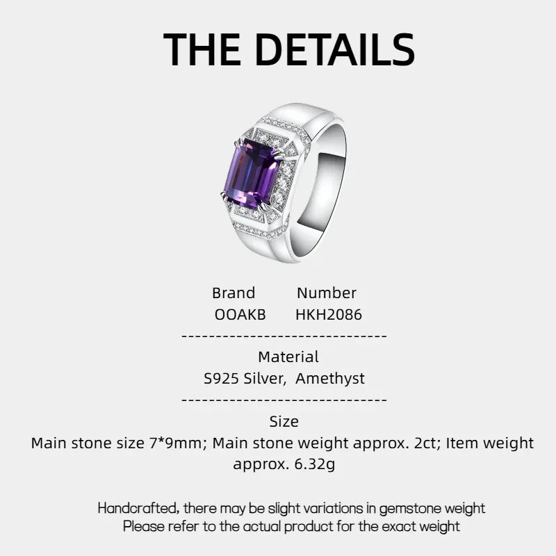 men's emerald-cut amethyst halo ring specification card with product measurements