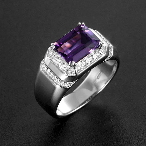 men's emerald-cut amethyst halo ring three-quarter product view on a dark background
