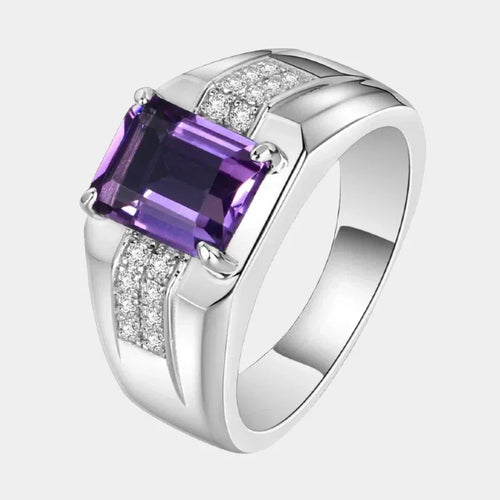 men's emerald-cut amethyst ring front product view on a white background