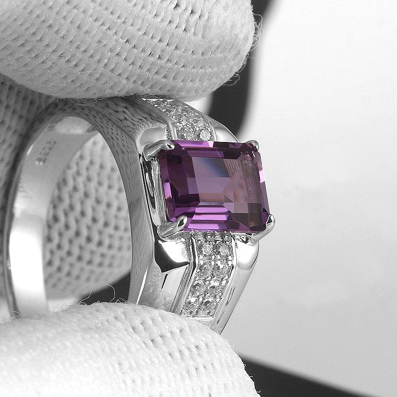 men's emerald-cut amethyst ring side profile showing the band and setting
