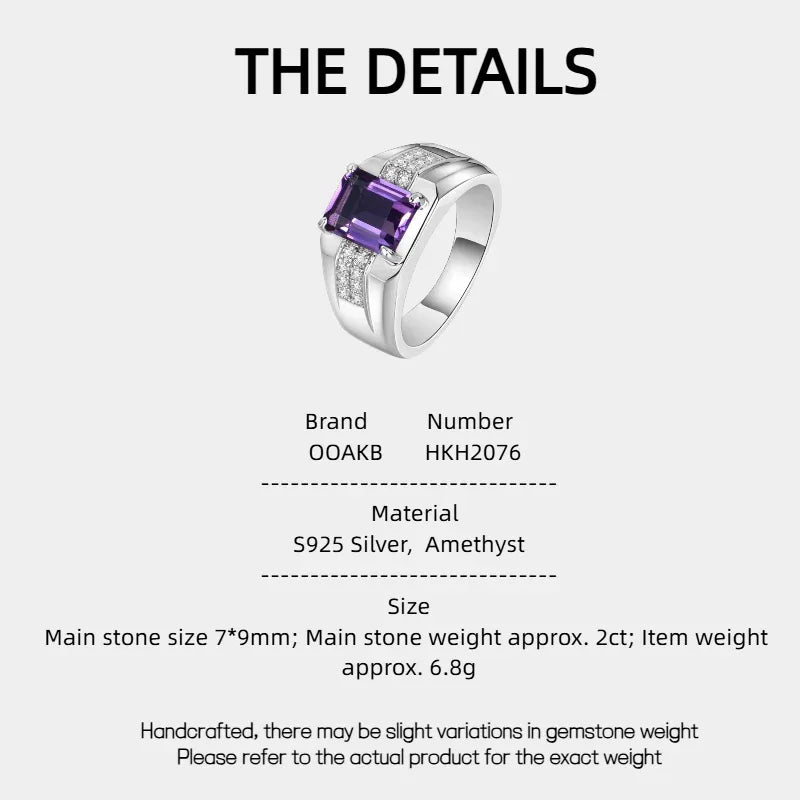 men's emerald-cut amethyst ring specification card with product measurements