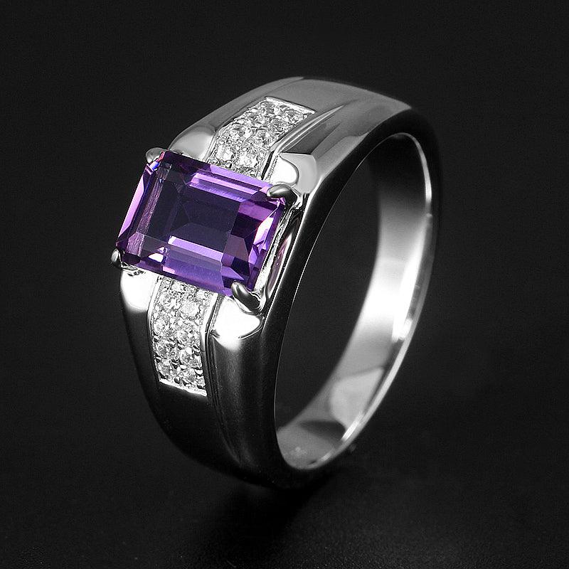 men's emerald-cut amethyst ring three-quarter product view on a dark background