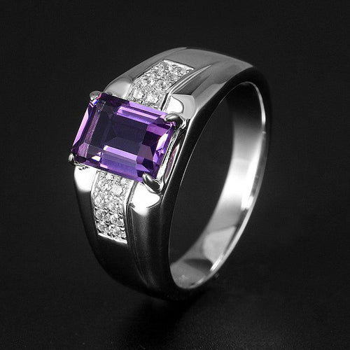 men's emerald-cut amethyst ring three-quarter product view on a dark background