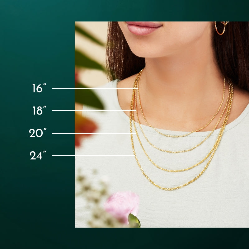 Necklace length diagram showing 16, 18, 20 and 24 inch positions