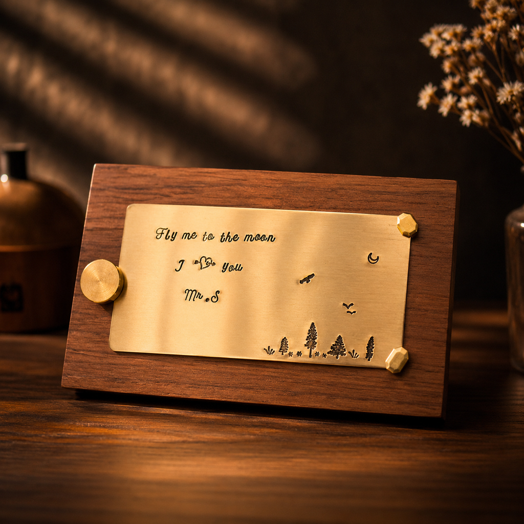 Custom Hand-Stamped Brass Plaque · Personalized Engraved Gift on Walnut Stand
