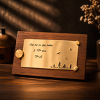 Custom Hand-Stamped Brass Plaque · Personalized Engraved Gift on Walnut Stand, alternate angled product view