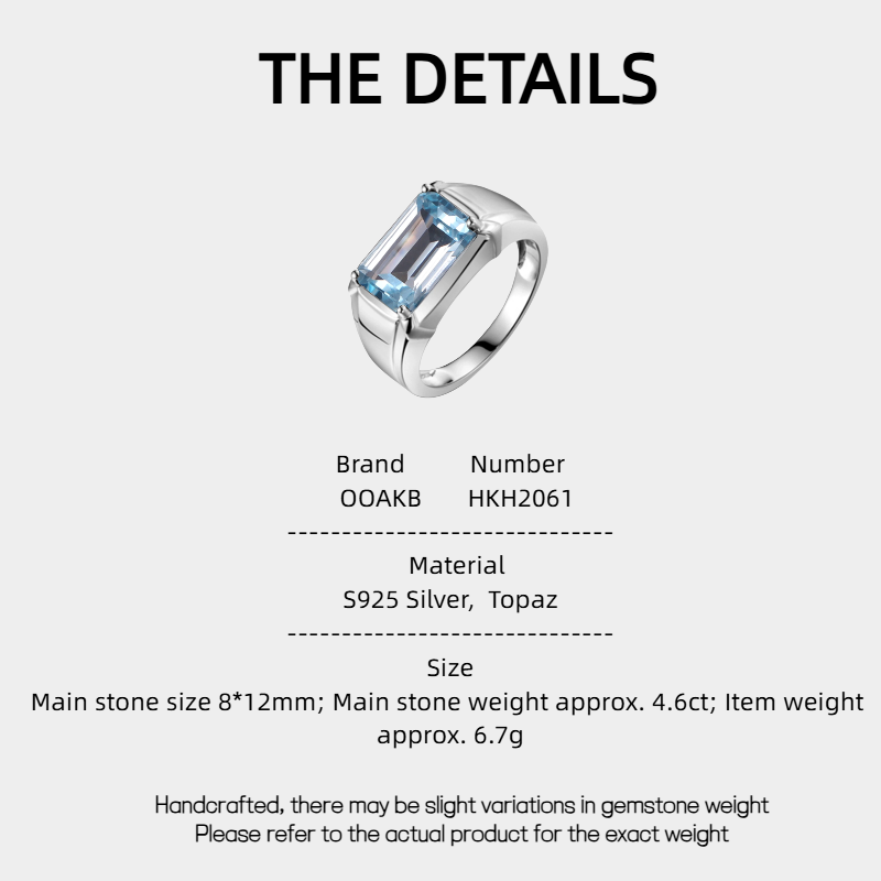 925 Sterling Silver Topaz Men's Ring 4.6ct