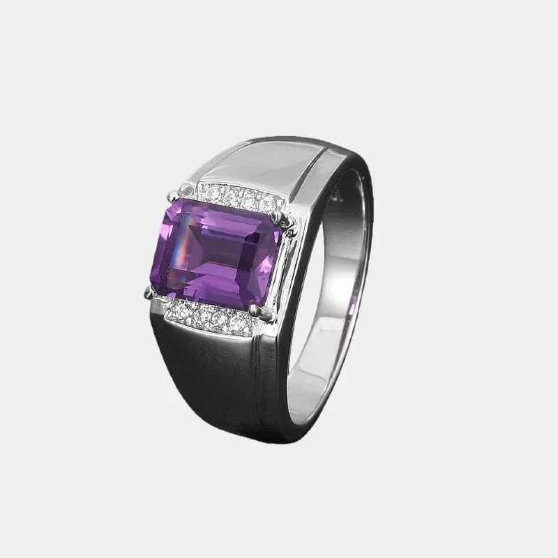 men's emerald-cut amethyst ring front product view on a white background