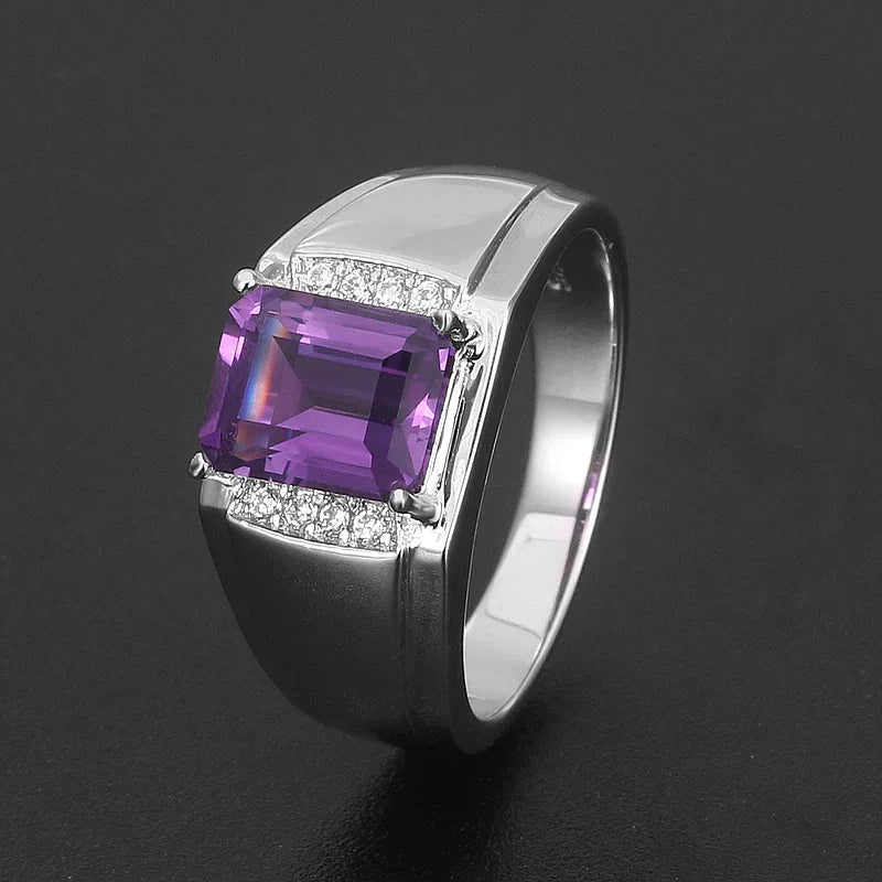 men's emerald-cut amethyst ring side profile showing the band and setting