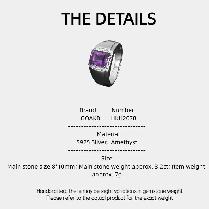 men's emerald-cut amethyst ring specification card with product measurements