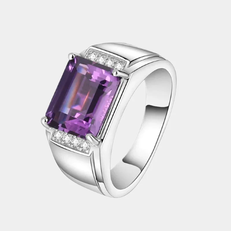 men's emerald-cut amethyst accent ring front product view on a white background