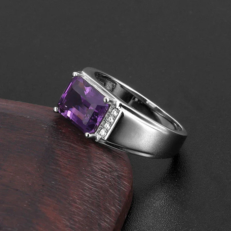 men's emerald-cut amethyst accent ring side profile showing the band and setting