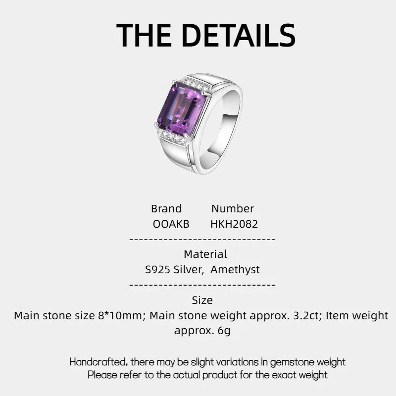 men's emerald-cut amethyst accent ring specification card with product measurements