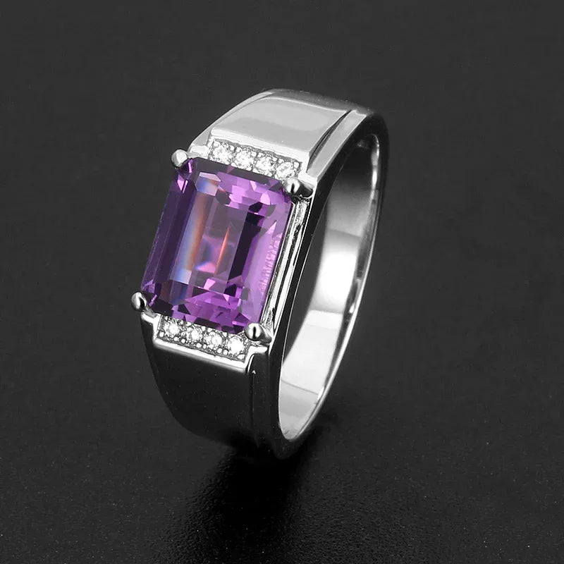 men's emerald-cut amethyst accent ring three-quarter product view on a dark background