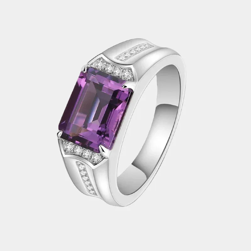men's emerald-cut amethyst accent ring front product view on a white background