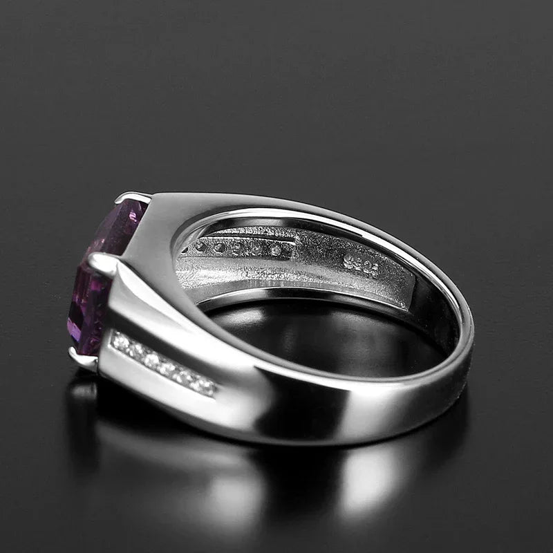 men's emerald-cut amethyst accent ring side profile showing the band and setting