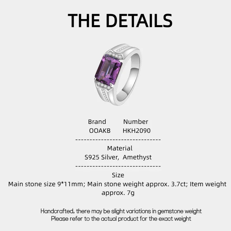 men's emerald-cut amethyst accent ring specification card with product measurements