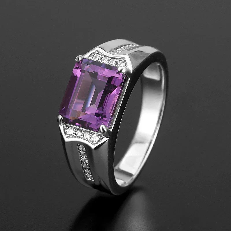 men's emerald-cut amethyst accent ring three-quarter product view on a dark background