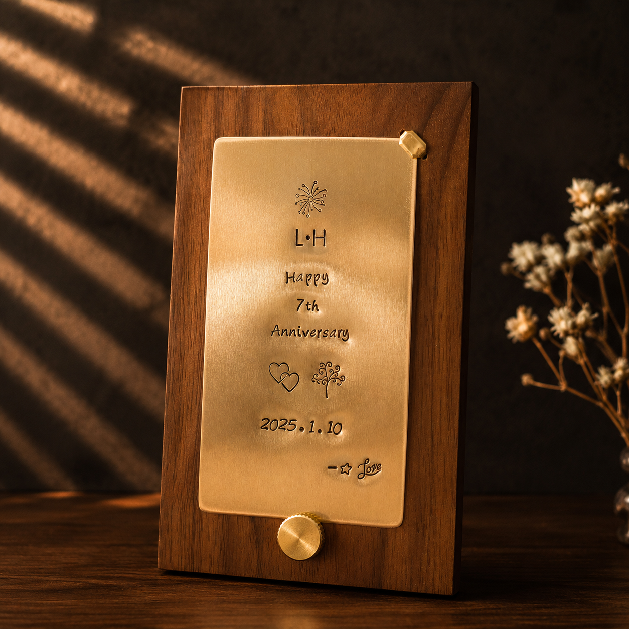 Custom Hand-Stamped Brass Plaque · Personalized Engraved Gift on Walnut Stand
