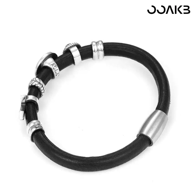 Customized Vintage Leather Bracelet - 3rd Wedding Anniversary Black Agate 925 Silver