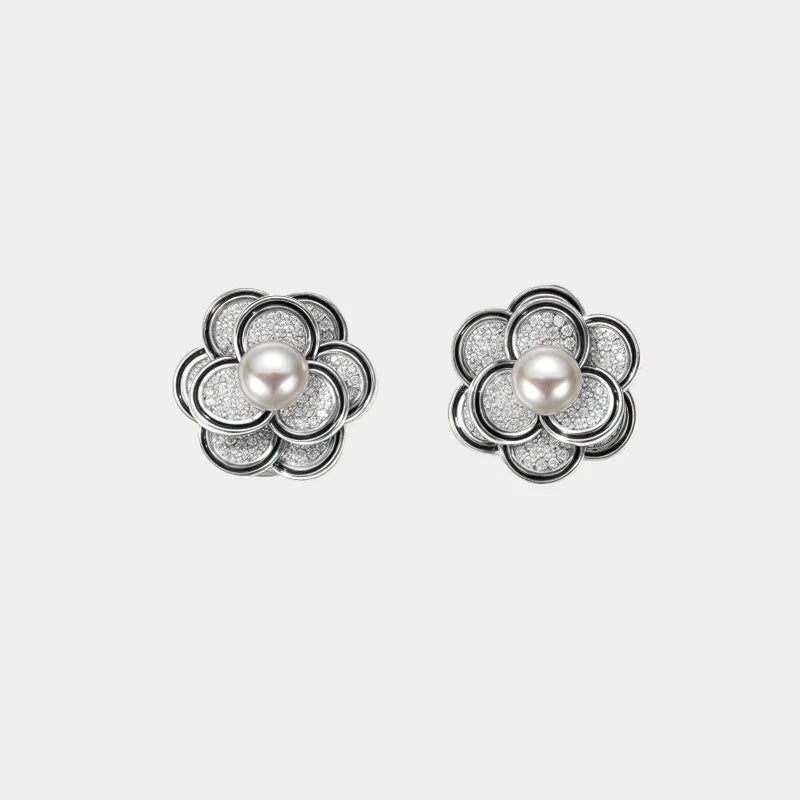 Freshwater Pearl Camellia Stud Earrings — front view of layered camellia stud earrings