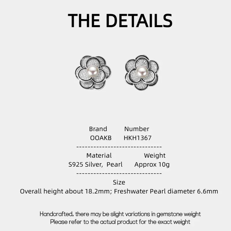Freshwater Pearl Camellia Stud Earrings — specification card with material and size details
