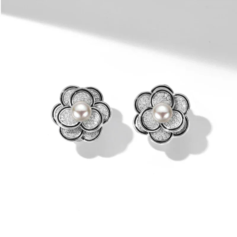 Freshwater Pearl Camellia Stud Earrings — alternate front pair on white