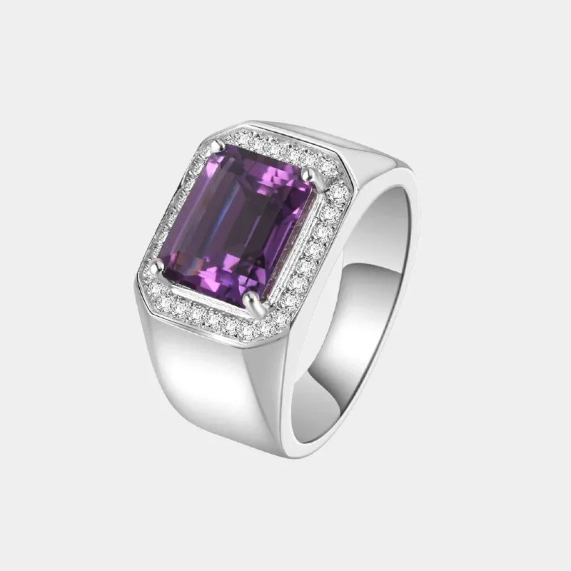 men's emerald-cut amethyst halo ring front product view on a white background