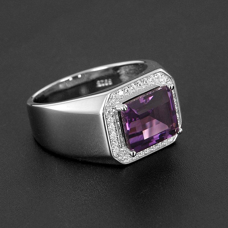 men's emerald-cut amethyst halo ring side profile showing the band and setting