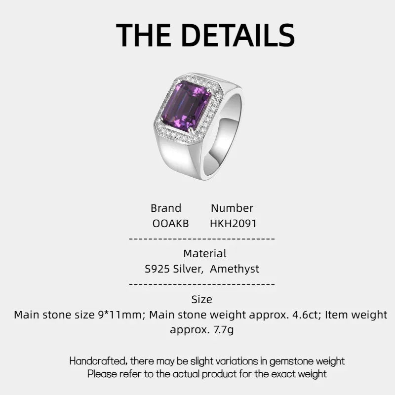 men's emerald-cut amethyst halo ring specification card with product measurements