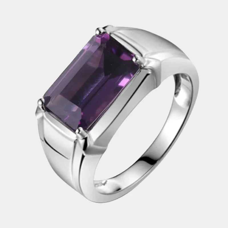 men's emerald-cut amethyst solitaire ring front product view on a white background
