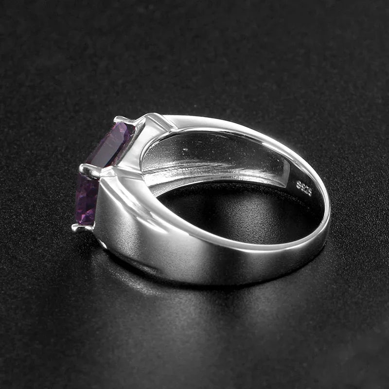 men's emerald-cut amethyst solitaire ring side profile showing the band and setting