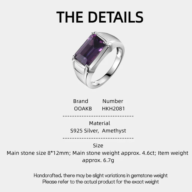 men's emerald-cut amethyst solitaire ring specification card with product measurements