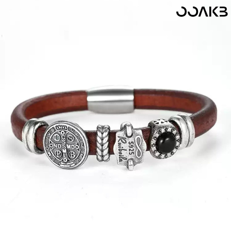 Customized Vintage Leather Bracelet - 3rd Wedding Anniversary Black Agate 925 Silver