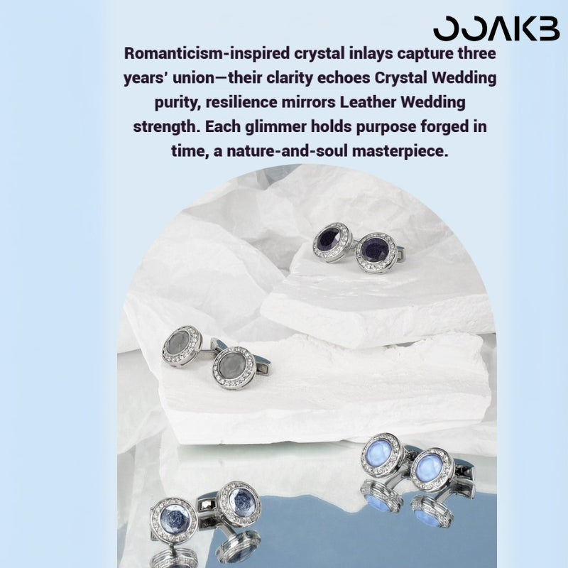 Customized 3rd Leather Wedding Cufflinks - White Gold Plated Crystal Engraved