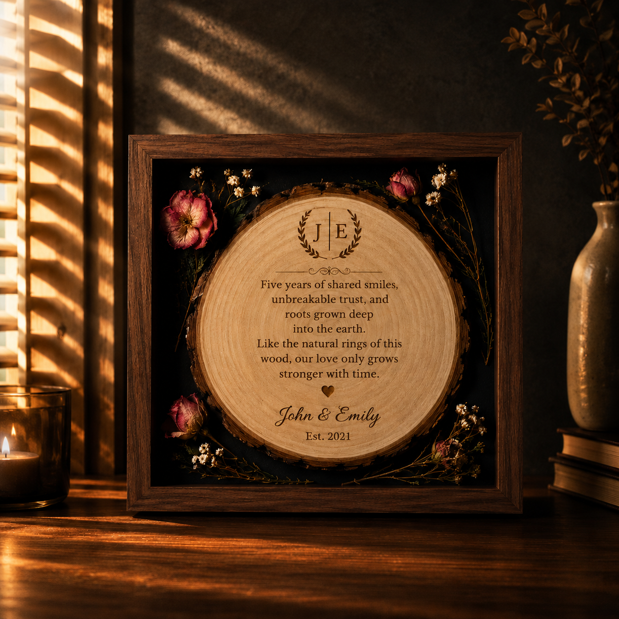 Custom Wood Slice Engraved Shadow Box Frame · Personalized Anniversary Gift