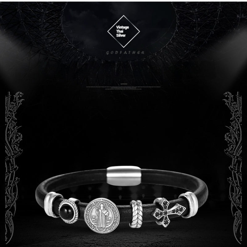 Customized Vintage Leather Bracelet - 3rd Wedding Anniversary Black Agate 925 Silver