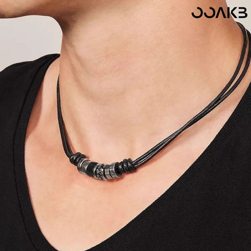 Customized Leather Cord Necklace - 3rd Leather Wedding 316L Steel Lucky Bead