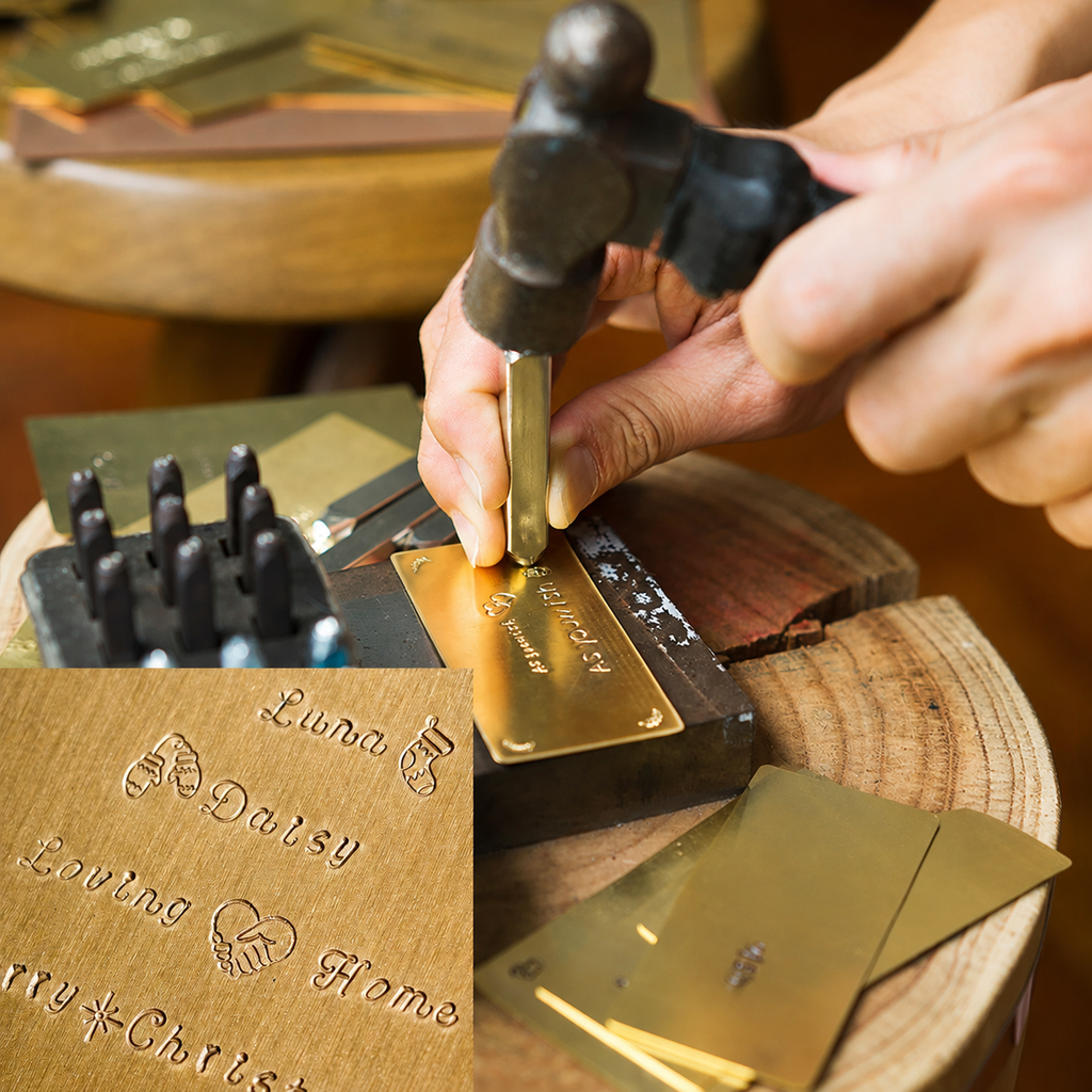 Custom Hand-Stamped Brass Plaque · Personalized Engraved Gift on Walnut Stand