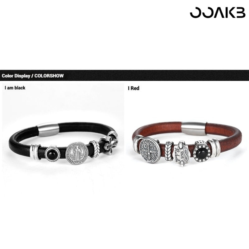 Customized Vintage Leather Bracelet - 3rd Wedding Anniversary Black Agate 925 Silver