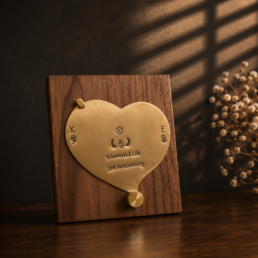 Custom Heart Brass Plaque on Walnut Base · Personalized Anniversary Gift
