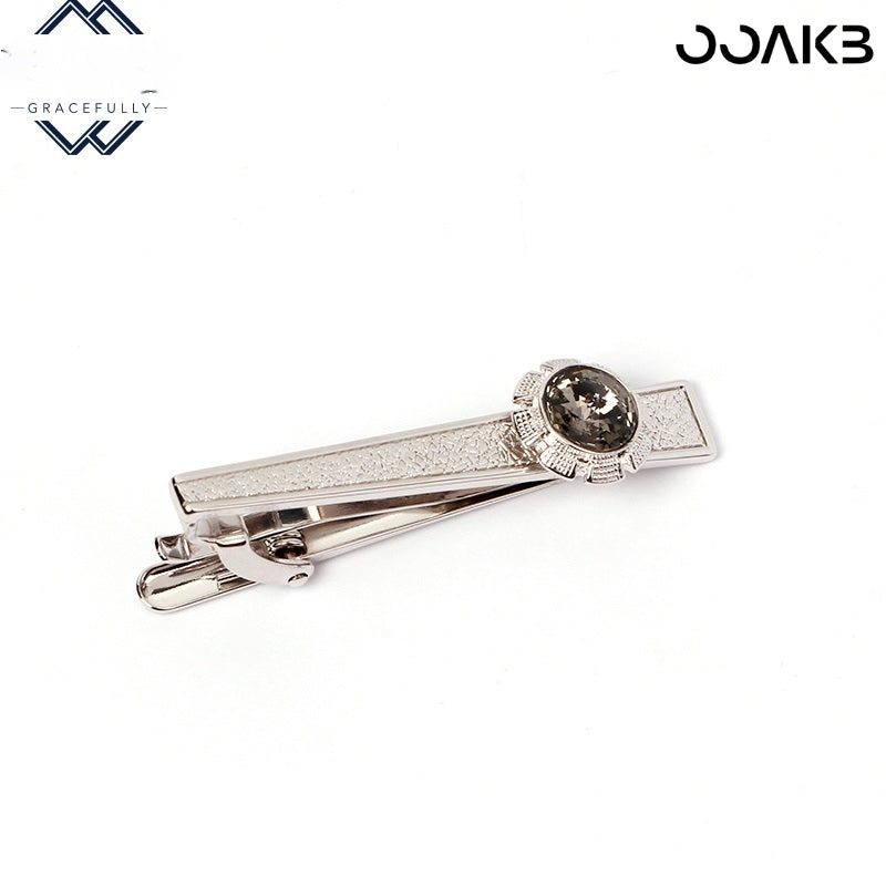 Customized 3rd Leather Wedding Tie Clip - Rose Gold Crystal Engraved