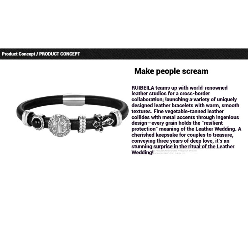 Customized Vintage Leather Bracelet - 3rd Wedding Anniversary Black Agate 925 Silver