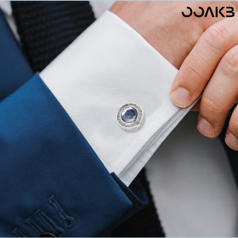 Customized 3rd Leather Wedding Cufflinks - White Gold Plated Crystal Engraved