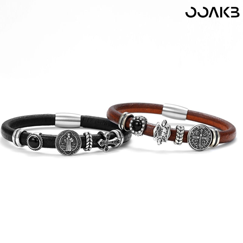 Customized Vintage Leather Bracelet - 3rd Wedding Anniversary Black Agate 925 Silver